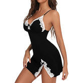 Deep V Bow Side Slit Slim Suspender Nightdress